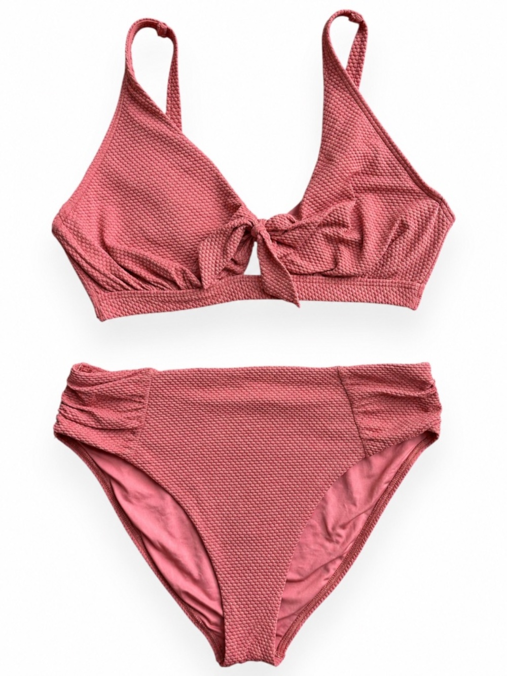 Birdsong Tie Front Textured Underwire Bikini Set Blush Pink Ruched Bottom